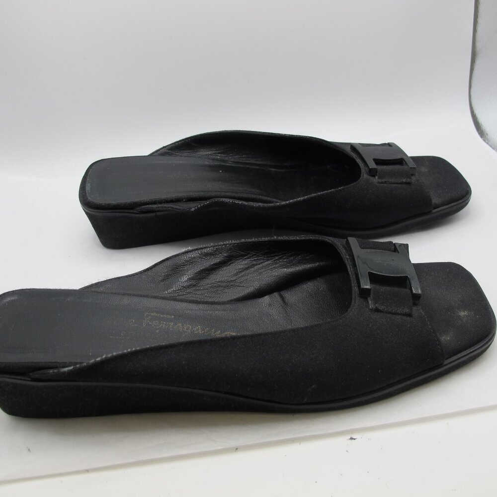 Salvatore Ferragamo black fabric open-toe slide with buckle detail 8.5AA
